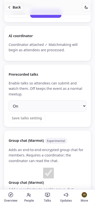 AI coordinator attached and matchmaking active, shown in the organizer admin screen.