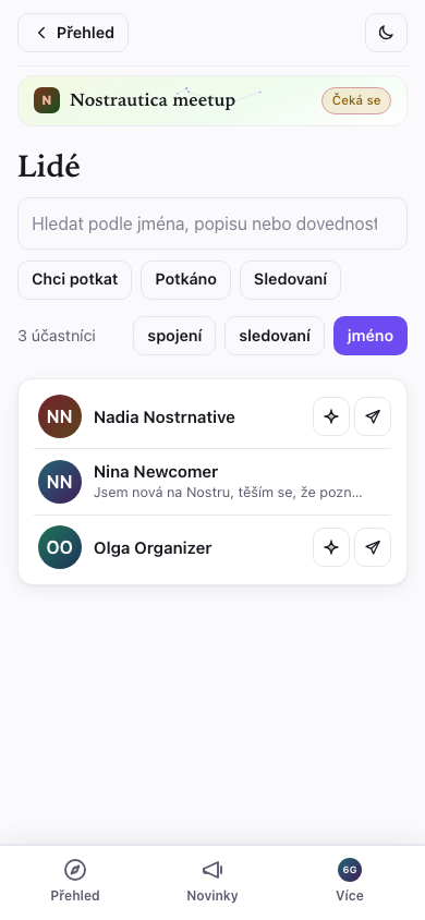 Nostrautica People tab, listing attendees with a search box and filters like Want to meet and Following.