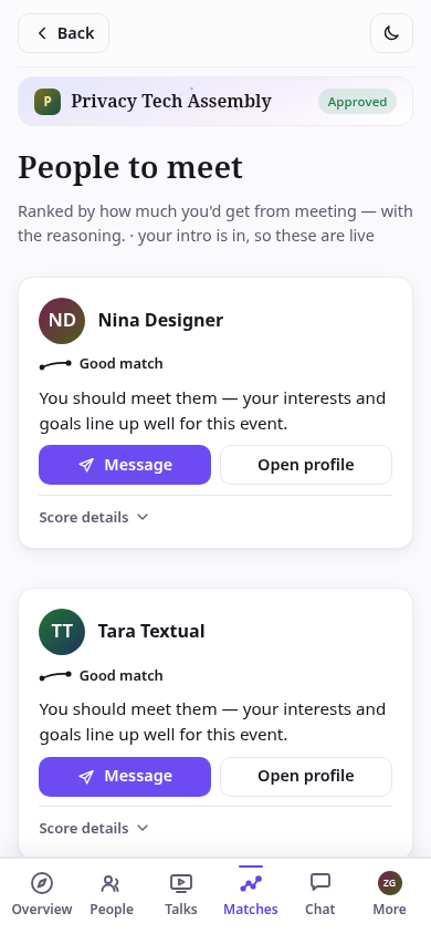 Nostrautica match list: Nina Designer marked Good match, with the reason 'your interests and goals line up well for this event' and a Message button.