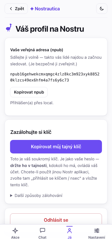 A Nostrautica profile screen showing the user's public Nostr npub and a Copy my secret key button.