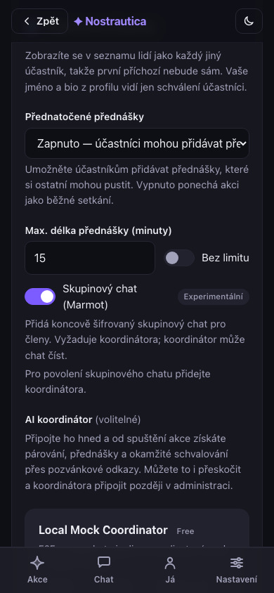 Formulář pro vytvoření akce