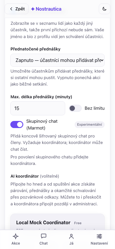 Formulář pro vytvoření akce