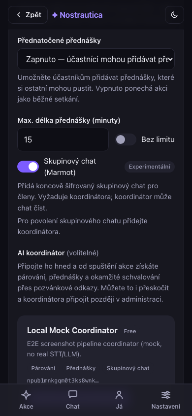 Výběr koordinátora přímo při vytváření akce