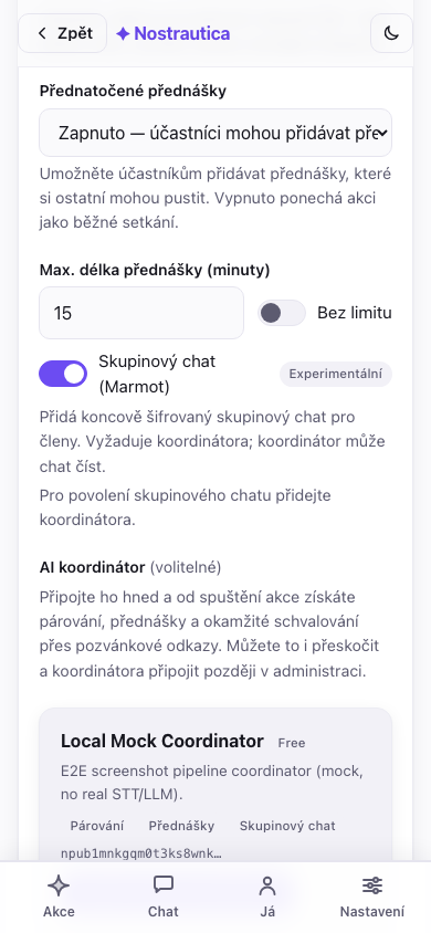Výběr koordinátora přímo při vytváření akce
