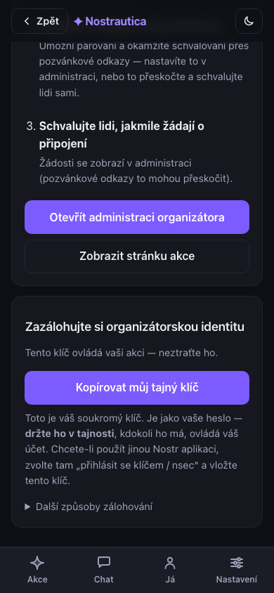 Akce vytvořena — odkaz ke sdílení a kontrolní seznam