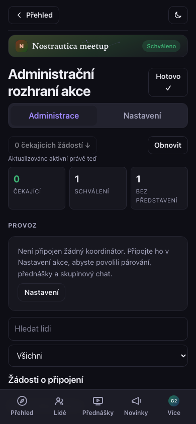 Přehled administrace, záložka Administrace