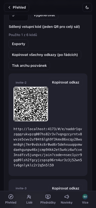 Vygenerované pozvánkové kódy s QR