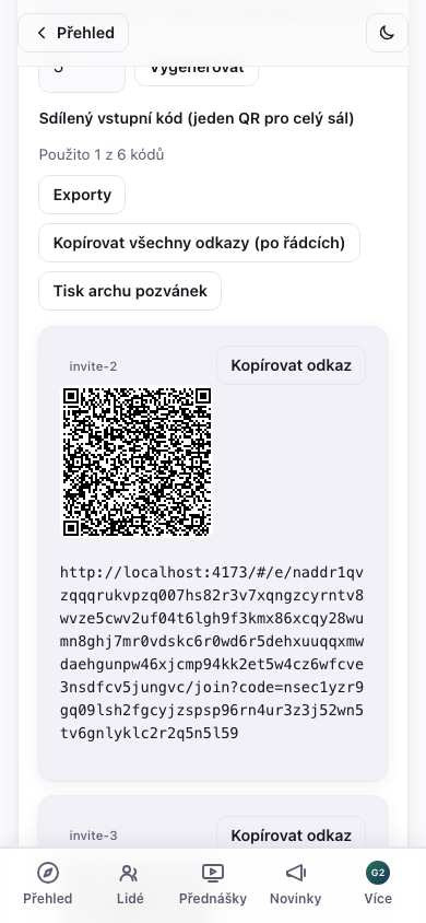 Vygenerované pozvánkové kódy s QR