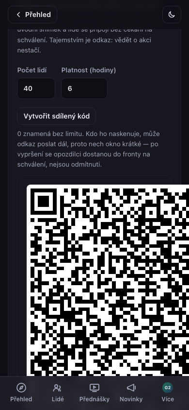 Sdílený vstupní kód — jeden QR pro celý sál