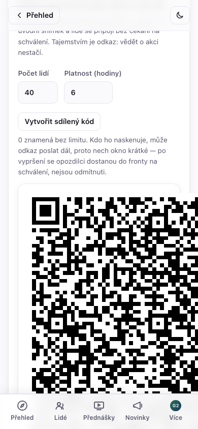 Sdílený vstupní kód — jeden QR pro celý sál
