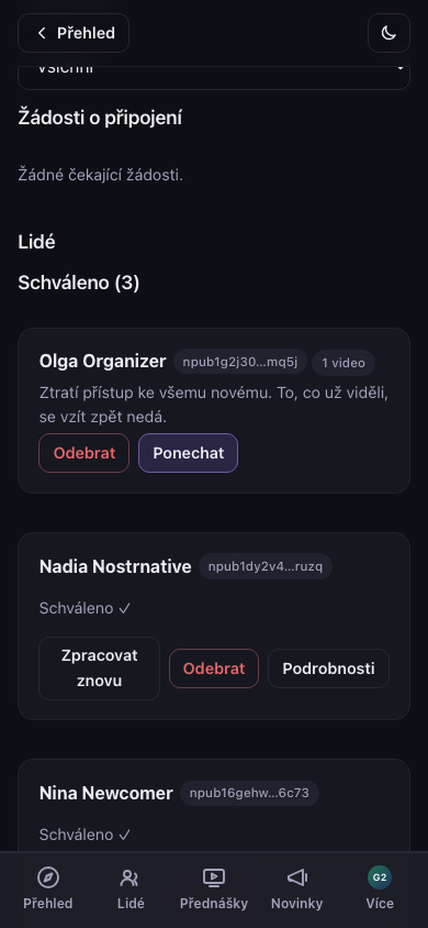 Schválená karta s akcí Odebrat