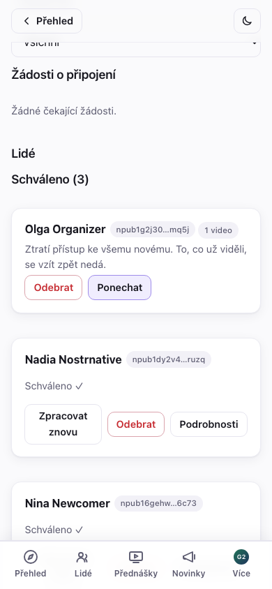 Schválená karta s akcí Odebrat