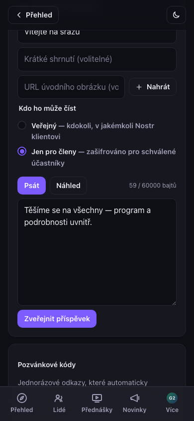 Editor příspěvků akce — vybráno „jen pro členy"