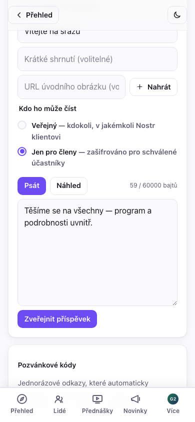 Editor příspěvků akce — vybráno „jen pro členy"
