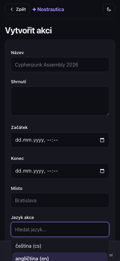Výběr jazyka akce