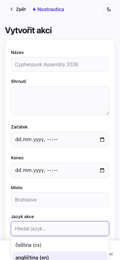 Výběr jazyka akce