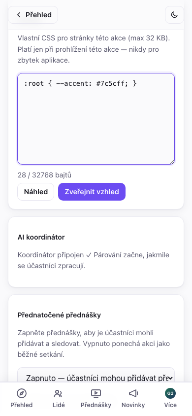 Vzhled — CSS motivu akce se živým náhledem