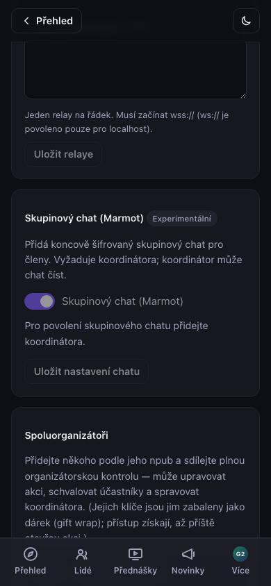 Přepínač skupinového chatu v administraci