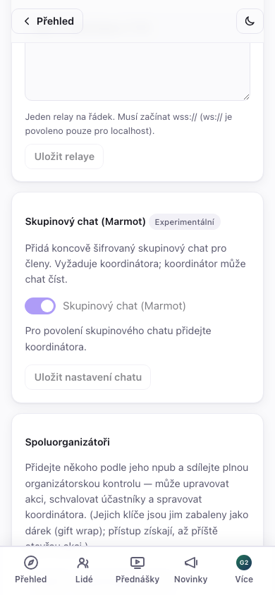 Přepínač skupinového chatu v administraci