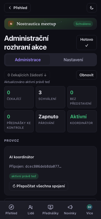 Přehled administrace organizátora