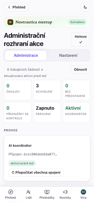 Přehled administrace organizátora