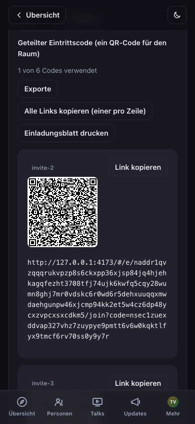 Erzeugte Einladungscodes mit QR-Code