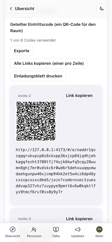 Erzeugte Einladungscodes mit QR-Code