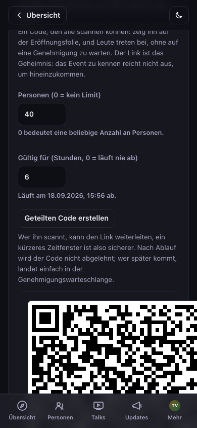Geteilter Eintrittscode: ein QR-Code für den ganzen Raum