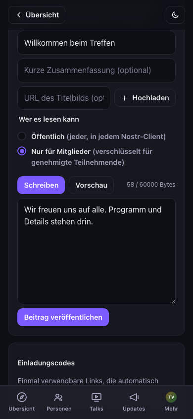 Editor für Event-Beiträge: „Nur für Mitglieder“ ausgewählt