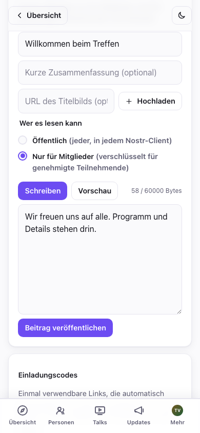 Editor für Event-Beiträge: „Nur für Mitglieder“ ausgewählt