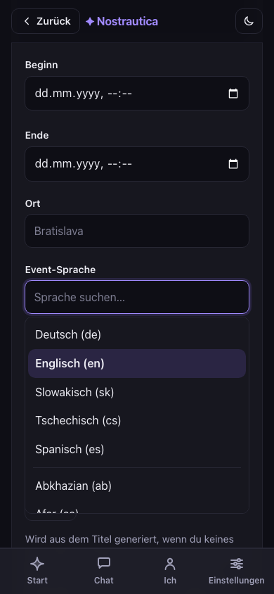 Die Event-Sprache auswählen