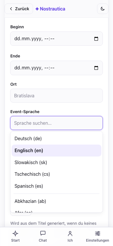 Die Event-Sprache auswählen
