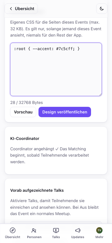Erscheinungsbild: CSS-Design pro Event mit Live-Vorschau