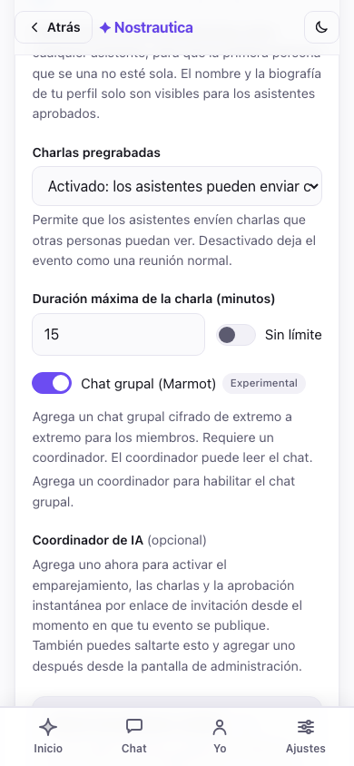 Formulario de creación del evento
