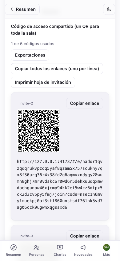 Códigos de invitación generados con QR