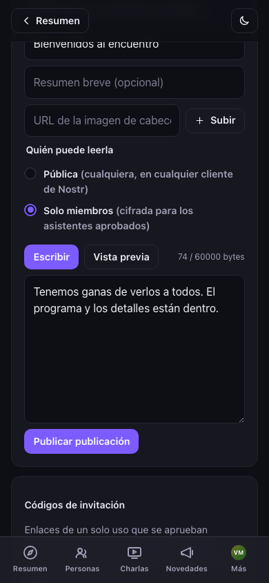 Editor de publicaciones del evento: seleccionado "solo miembros"
