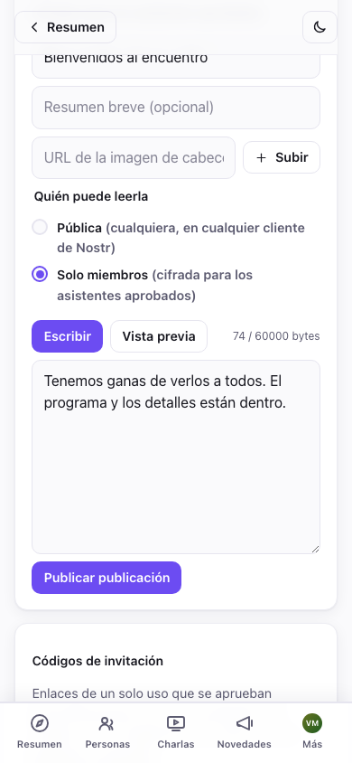 Editor de publicaciones del evento: seleccionado "solo miembros"