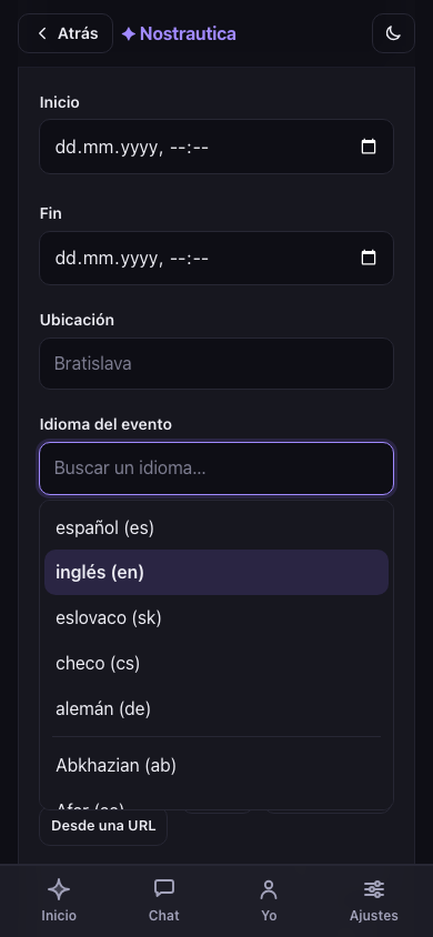 Elegir el idioma del evento