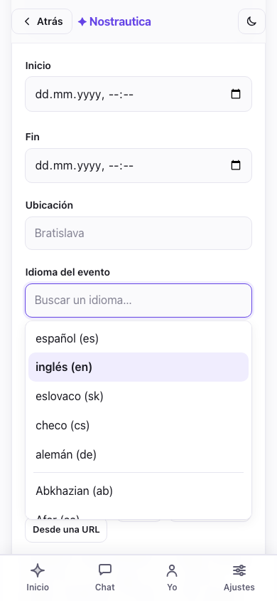 Elegir el idioma del evento