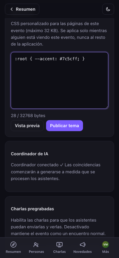 Apariencia: CSS de tema por evento con vista previa en vivo