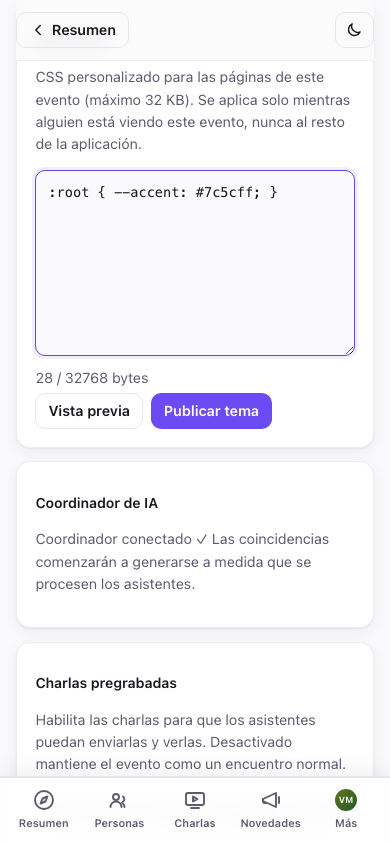 Apariencia: CSS de tema por evento con vista previa en vivo