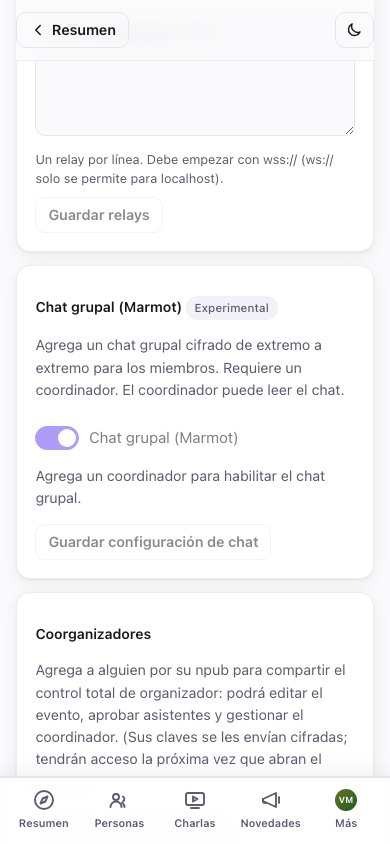 Interruptor de chat grupal en administración