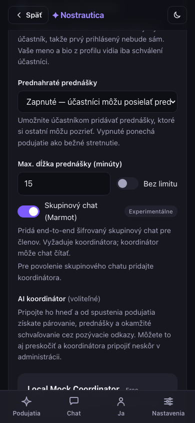 Formulár na vytvorenie podujatia