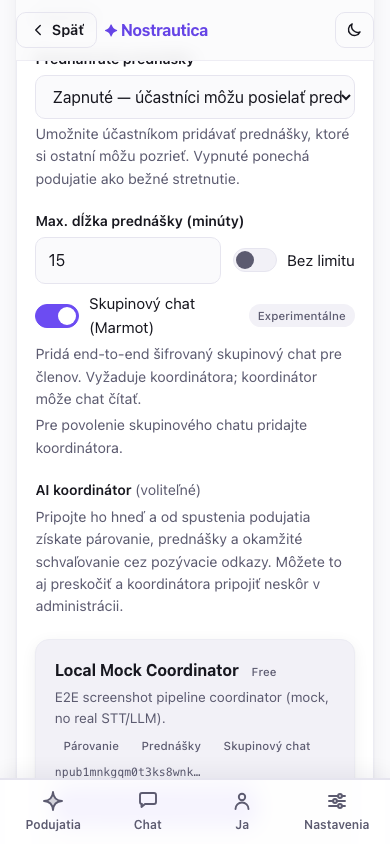 Výber koordinátora priamo pri vytváraní podujatia