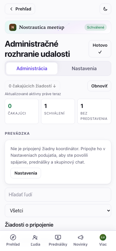 Prehľad administrácie, karta Administrácia