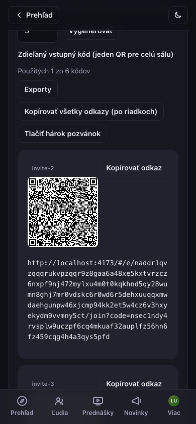 Vygenerované pozývacie kódy s QR