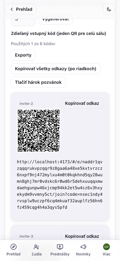 Vygenerované pozývacie kódy s QR