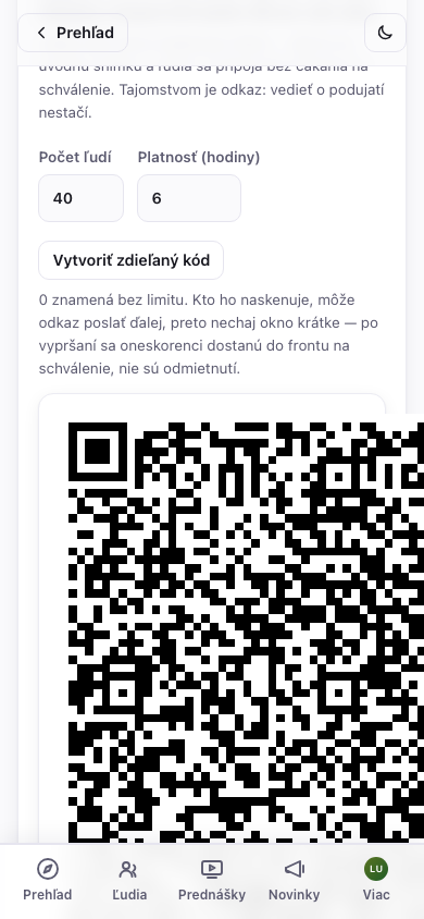Zdieľaný vstupný kód — jeden QR pre celú miestnosť