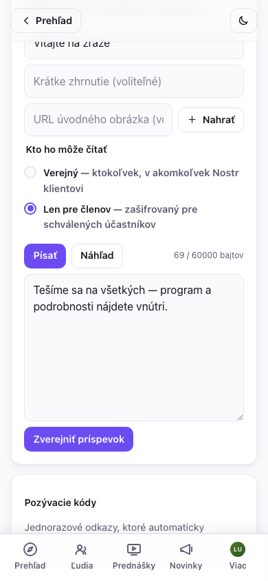 Editor príspevkov podujatia — vybraný „len pre členov"