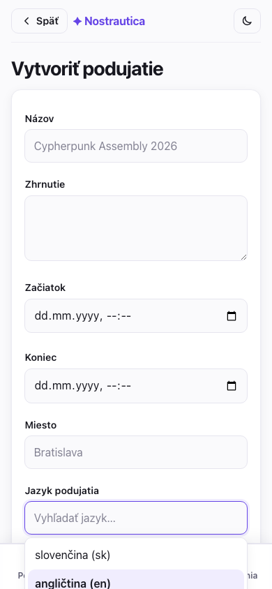 Výber jazyka podujatia